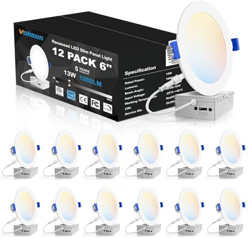 VOLISUN 12 Pack 6 inch Recessed Lighting, 5CCT LED Recessed Light with Junction Box, 2700K-5000K Selectable, 13W Eqv 120W, 1080LM Dimmable Canless Wafer Downlight, LED Ceiling Light ETL Certificated