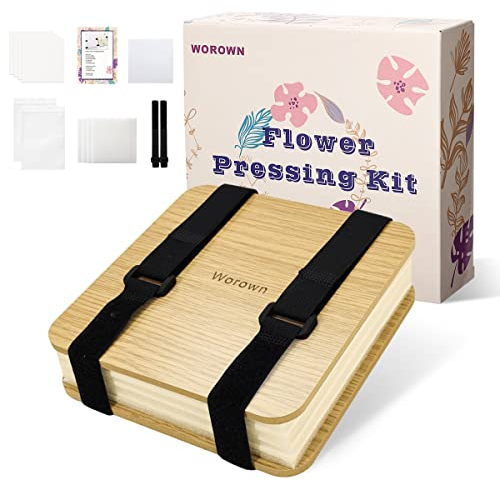Worown Blumenpresse-Set (15 x 15 cm), 4- Schichten Blütenpresse aus Naturholz,für zum Basteln, mit Anleitung & Geschenkbox (Braun)