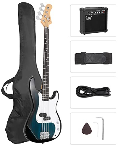 GLARRY Full Size Electric Bass Guitar Beginner Kit 4 String Exquisite Basswood Bass with 20W AMP, Cable, Strap, Bag and Accessories (Dark Blue, 39Right Handed)