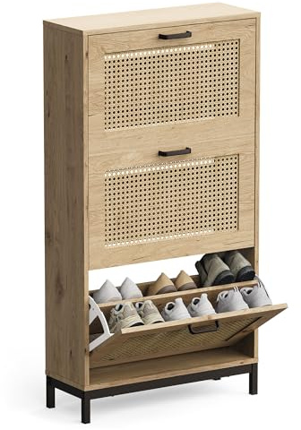 VonHaus Shoe Storage Cabinet for Hallway - Rattan Shoe Cupboard with 3 Tier Drawers - Light Wood Effect Footwear Organiser for Up to Size 9 - Industrial Scandi Style for Living Room & Hall - Lena