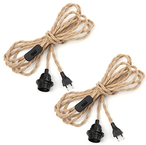 2 par E27 lampsockel, pendellampa med kontakt, 4,5 m, lampkabel, hamparep, textilkabel med strömbrytare, skruvring, lampsockel för gör-det-själv-golvlampor, vintage, hänglampa, ljuskrona