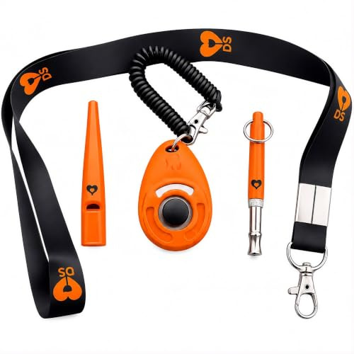 Dog Whistle & Dog Clicker Training Set, 4-Piece Dog Training Kit with Adjustable Ultrasonic Whistle, Dog Training Clicker, High Pitch Whistle and Lanyard for Puppy and Adult Dog Recall Training