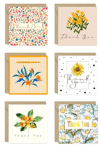Giftinghouse 12 Thank You Cards Multipack with Envelopes - 6 Flower Designs - Greeting cards for teachers, weddings, and kids Fully recyclable and Eco-friendly - MADE IN UK