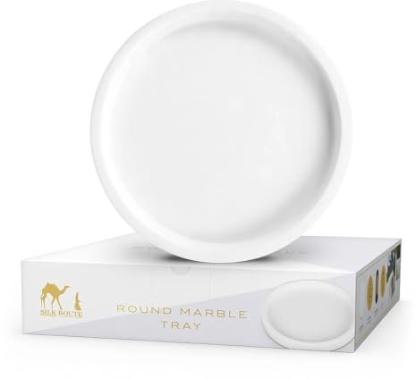 Silk Route Home Round Marble Tray White Vanity Multipurpose 25cm Dia, Bathroom, Storage, Dresser, Organiser, Kitchen Counter, Bedside, Coffee and Decorative Tray