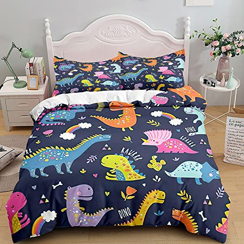 TSOPEFI Juego de ropa de cama infantil con diseño de dinosaurios, bonito edredón con dibujos animados de dinosaurios de colores, juego de cama decorativo y juguetón para niños y niñas (220 x 240 cm, A