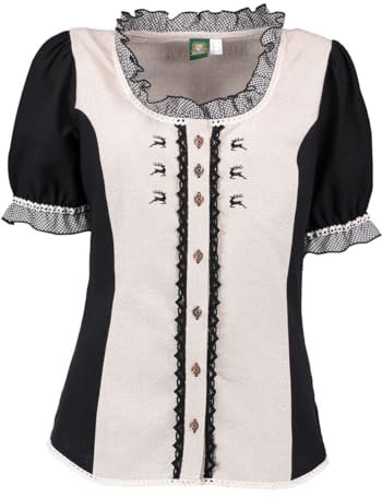 OS Trachten Kurzarm Trachtenbluse mit Rundhalsausschnitt Shine, Größe:42, Farbe:Natur