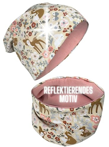 HECKBO Bonnet Animaux de la Forêt Enfant & Snood – Réfléchissant – Coton – 2–8 ans – Bonnet hiver fille – Idéal pour promenades, chemins forestiers & jours d’automne (48–54 cm)