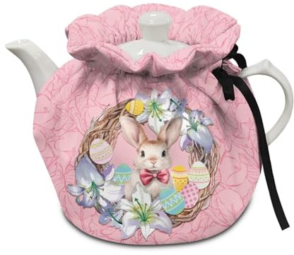 Goronwyfloyd Flower Stripes Rabbit and Easter Egg Tea Pot Cover Insulated Kettle Cover for Home Kitchen Teapot Cozy Breakfast Warmer Not Easy to Pilling and Not Easy to Fade