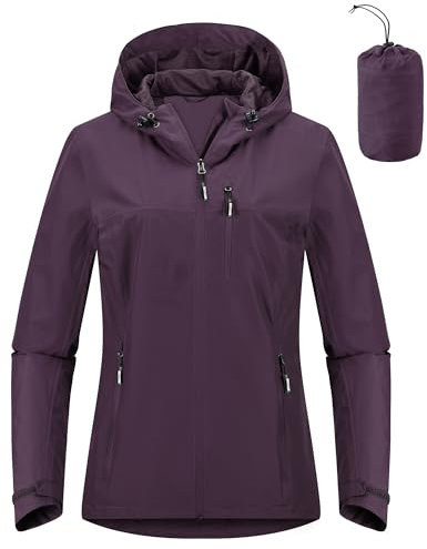 Outdoor Ventures Veste imperméable pour femme - Légère - Coupe-vent - Pliable - Veste de pluie pour l'extérieur, la course à pied, le golf, le cyclisme - Veste softshell avec capuche, violet, 50