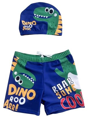 Maillot de Bain Enfant Garcon, Bonnet et Short de Bain, Cartoon, Ensemble 2 Pièces (FR/ES, Âge, 6 Ans, 7 Ans, Taille Normale, Bleu + Vert)