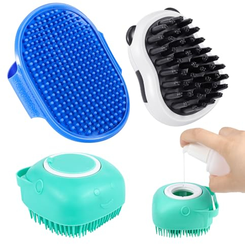 Lvefyti 3 Stück Hunde Waschbürste Set,Silikon Hundeshampoo Bürste,Weiche Massagebürste mit Verstellbarem Ringgriff,Badebürste für Hunde und Katzen,Nachfüllbares Duschgel