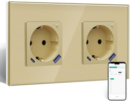 BSEED Prise intelligente avec chargeur rapide USB C 20 W, prise de courant intelligente encastrée avec mesure de courant, fonctionne avec Alexa/Google Home, prise avec Smart Life App,2 Gang Or