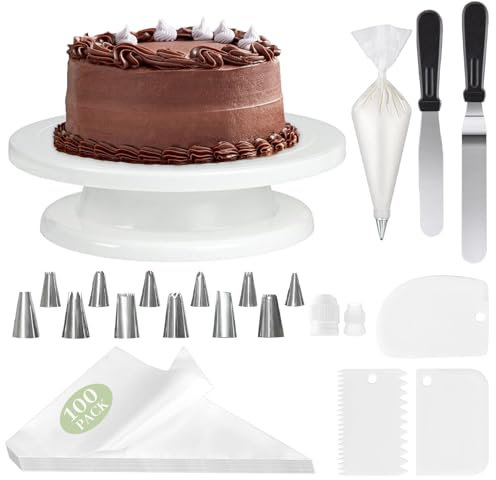 Plateau à Gâteau, 120 pièces Ensemble de Décoration de Gâteaux Haut de Gamme: Présentoir à Gâteau Rotatif avec Spatule à Gâteau, Poches à Douille avec Douilles - Kits de Décoration de Gâteaux