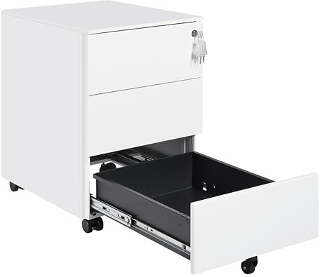 LVSTEEL 3-Drawer Mobile Filing Cabinet with Lock, Steel Office File Cabinet on Wheels, Under Desk Metal Cabinet, Fully Assembled, White, 37x44x54cm