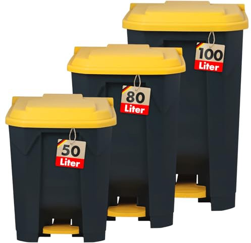 Floordirekt Mülleimer 80 Liter, gelber Deckel, Abfalleimer für Küche und Büro, Mülltrennsystem, Tretmülleimer mit Step-On-Mechanismus, Papierkorb, Mülltonne Olaf