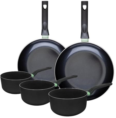 Fackelmann 9430850 Ensemble de 2 poêles de 28 et 30 cm et 3 casseroles 16, 18 et 20 cm, revêtement céramique antiadhésif, sans PFAS, tous feux, induction, four, Aluminium, Noir, Vert, 16, 18 et 20 cm