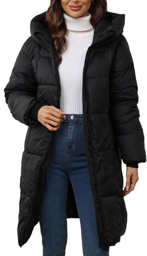 HOOUDO Winter Coats for Women UK Warm Long Padded Down Jacket Ladies Lightweight Windproof Quilted Puffer Coat Outdoor Hiking Parka Jackets Outwear with Hood