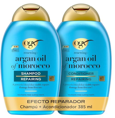 OGX Set Renewing + Argan Oil of Morocco Shampoo y Conditioner, set de champú y acondicionador con Aceite de argán, pack reparador para el cabello seco y dañado, tensioactivos sin sulfatos, 2x385 ml