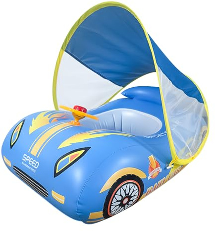 Galleggiante gonfiabile per bambini, con tettuccio parasole regolabile e sedile di sicurezza, giocattolo da piscina per bambini (auto sportiva blu)