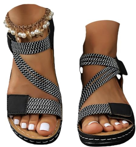Sandales compensées pour femme Royaume-Uni 2026, orthopédiques avec bride de cheville et bride de cheville - Bout ouvert - Bretelles réglables - Large largeur - Antidérapantes - Confortables