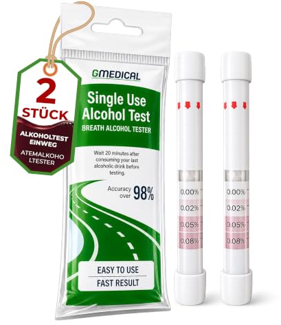 Engångs alkomätare 10 st – Alkoholtest Portabelt Snabbt Resultat 98% | Avläsning på 120 sekunder – Gränser 0,2 0,5 0,8 promille – Förseglat munstycke – Fickformat – Bra före körning