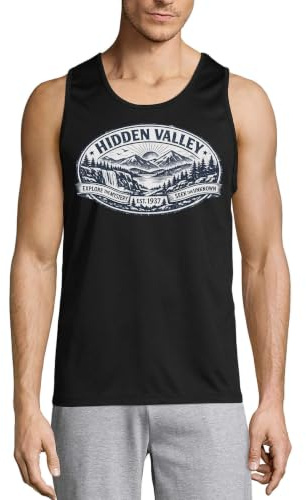 Scenic Mountain Valley med vattenfall utsikt herr bomull linne t-shirt svart
