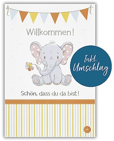 bsb Karte zur Geburt - Geburtskarte Mädchen & Junge - schöne Karte Geburtstag mit Elefant-Motiv - Happy Birthday Karte mit Umschlag - Glückwunsch-Karte Geburt in 11,5 x 17,0 cm