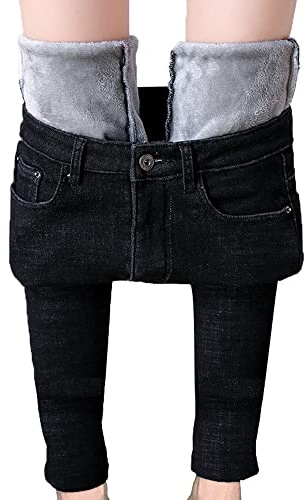 YILEEGOO Womens Winter Fleece Lined Stretchy Jeggings High Waisted Skinny Jeans Denim Pants (Black, X-Large)