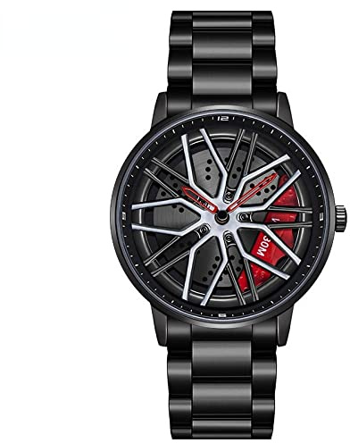 RWXCOW Auto Rad Felgen Nabenuhr - Hohl wasserdicht Sport Uhr für Herren Geschenke Armbanduhren, wasserdichte Edelstahl Armbanduhr, wasserdichte Edelstahl Armbanduhr.Stahlband(roteZeiger)