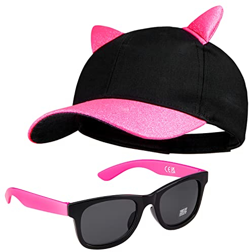 CityComfort Baseball Cap Kinder, 2er Set Snapback Cap mit Ohren und Sonnenbrille Kinder Sonnenschutz - Geschenke für Mädchen (Rosa Neon)