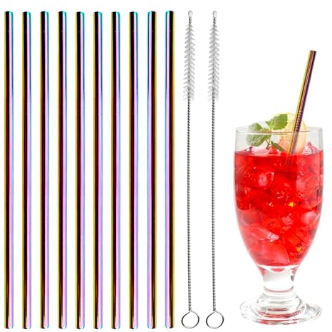 FINEASY Set di 10 Cannucce Riutilizzabili In Acciaio Inox, Cannucce Metallo con 2 Spazzole, Cannuccia Acciaio Colorato Cannucce Cocktail Acciaio Inox per Cocktail, Frullati, Caffè, Smoothies (Dritte)