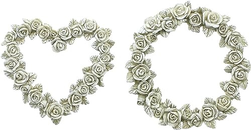 Dekoleidenschaft Lot de 2 décorations couronne de roses et cœur en polyrésine, résistant aux intempéries, décoration murale, décoration de porte, décoration de jardin pour l'extérieur
