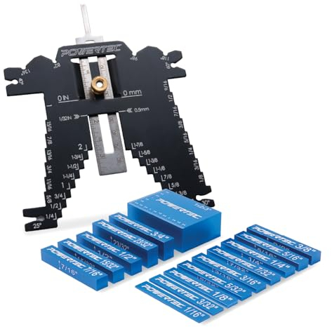 POWERTEC Setup-Blöcke, Höhenmesser, 15-teiliges Set, Oberfrästisch-Setup-Stangen mit Universal-5-in-1-Messlehre, Holzbearbeitungswerkzeug für Oberfräsen-Bit/Tischsägeblatthöhe, Bandsäge, Bohrmaschine