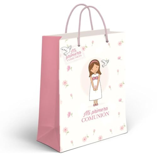 ROCKING GIFTS Bolsa de Papel XL para Embalaje Fácil de Regalos de Comunión Niña, Blanco y Rosa, 33 x 10 x 45cm