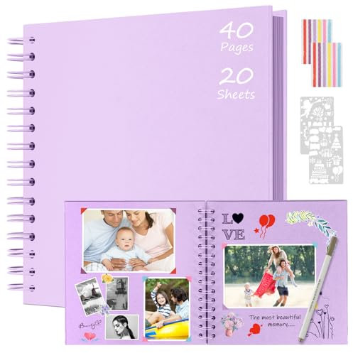 Boic Album Fotografico 21x21cm Spirale Scrapbook, Fai da Te Album Foto 40 Pagine Guestbook, Regali Nozze Natale Valentino Regalo di Anniversario Compleanno (Viola)