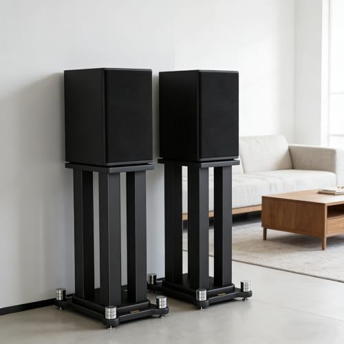 RAJYQODIS supporto per altoparlanti, supporto casse acustiche in MDF e metallo, sostiene altoparlanti da scaffale e satellite, fino a 40 kg (80cm), nero