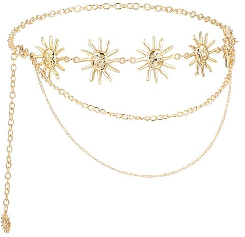 Abeillo Vintage Metall Taillenketten, 3-Lagiger Lange Quasten Sonnen Anhänger Gürtel, Verstellbare Taillen Kette, Mond Sonne Metallkette Gürtel, Hüftkette Bauchkette für Damen Jean Pants Dress