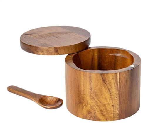 Saliera in legno, saliera in legno con coperchio basculante, contenitore per sale con cucchiaio integrato, saliera in legno con coperchio basculante magnetico per pepe, zucchero, spezie
