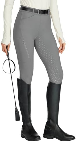 WILLIT Pantaloni da equitazione da donna con rifiniture in silicone, vita alta, elasticizzati, con tasca con cerniera, passanti per cintura, grigio medio, L