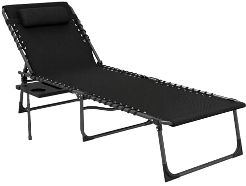 Outsunny Bain de Soleil Chaise Longue Pliante Plateau 60x190x31cm Noir | Appuie-Tête, Poche Latérale, Transat Inclinable, Oxford 600D, Transat Jardin Extérieur, Camping Piscine Terrasse