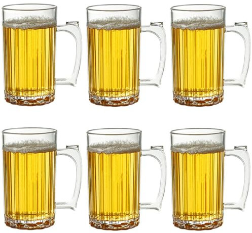 ADESUGATA Juego de 6 tazas de cerveza de plástico transparente con asa, taza de cerveza refrigerada, taza de cerveza de 600 ml, bar, bebida, café