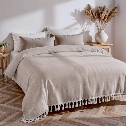 Loomvia Bettüberwurf & Tagesdecke 200x220 cm aus 100% Baumwolle - Creme - Boho Baumwolldecke als Sofadecke, Sofaüberwurf - Pflegeinfos unter Info zu diesem Artikel