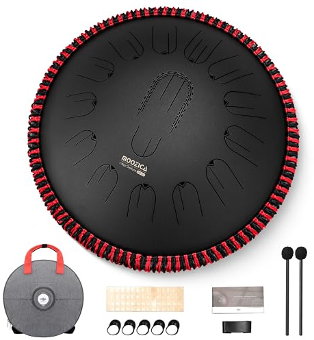 MOOZICA 15 Inch Steel Handpan Tongue Drum - 15 Notes in C Major 440hz Tongue Drum with Octave Overtone Design - Professional Percussion Instrument with Carrying Bag (Black, 440hz)