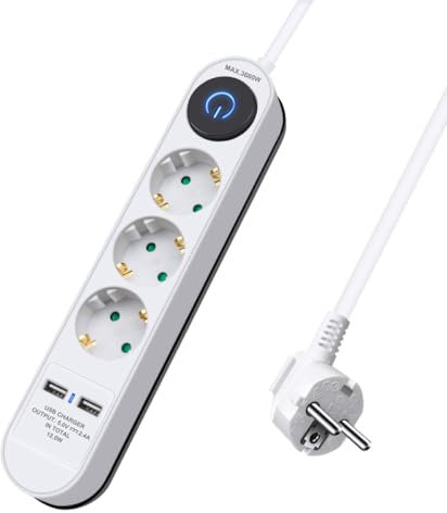 Regleta de Enchufes con 3 Tomas y 2 USB, Interruptor, 3680W Máx, Protección contra Sobretensión, 1,5m, Blanco