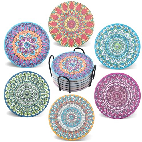 Cegkuc Mandala Coasters for Drinks with Holder Set of 6, Boho Mandala Ceramic Coaster Absorbent for Cup Office Desk Table Coasters Kitchen Decor House Warming Gifts for New Home Couples, Round 4
