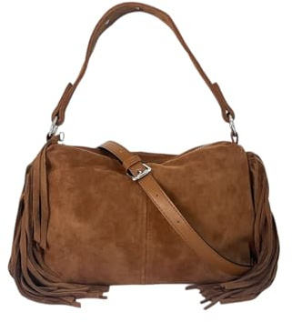 MODELISA - Bolso Pequeño de Hombro con Flecos Correa Ajustable Cierre con Cremallera para Mujer (Marrón)