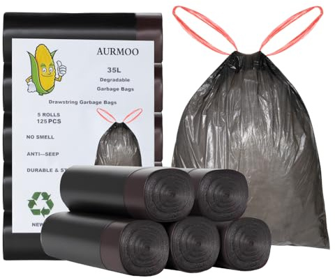AURMOO Soppåse 35L med Dragband, Müllbeutel, Biologiskt Nedbrytbara Soppåsar med Dragsnöre, Droppsäker Sopsäckar, Bioavfallspåsar, 125 Stycken(B55XH65cm, Svart)
