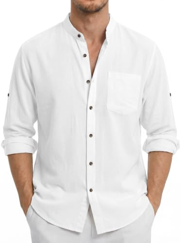 Enlision Chemise en Lin Homme Manches Longues Chemise Homme Été Col Mao Leger Respirant et Décontractée pour La Plage Henley Shirt S-4XL