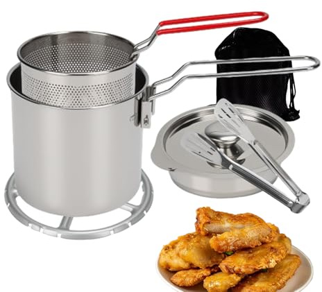 Liten fritös, 7- bärbart rostfritt stål matlagningsset – 1,2 liter minifritös med korg och lock – för, camping, picknick, fester och för matlagning av kycklingfisk