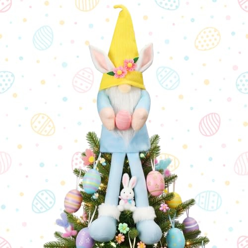 Soulchen 21 Inch Large Easter Bunny Tree Topper Decoration Plush Gnomes with Bunny Ears & Hugged Egg Cute Spring Tree Ornaments for Basket Stuffers Easter Home Decor Party Supplies